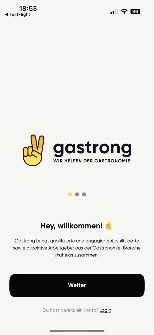 Gastrong App Onboarding-Screen mit gelbem Hand-Logo und Willkommensnachricht für Gastronomie-Job-Matching