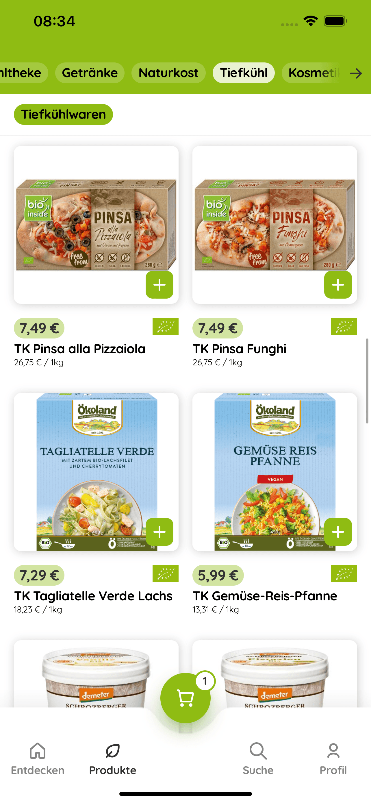 Produktübersicht der Tiefkühlwaren mit Bio-Pizzen und Fertiggerichten im Wino Shop
